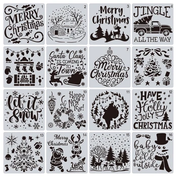 Упаковка из 16 рождественских трафаретов-шаблонов для рисования, Многоразовые трафареты для рисования по дереву, стене, стеклу