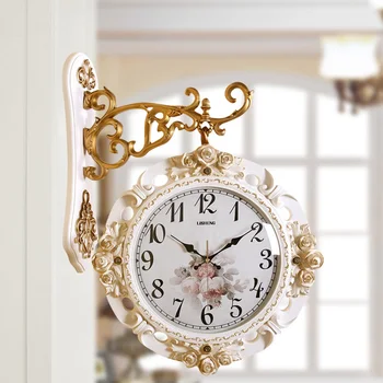 Настенные часы в европейском стиле, ретро-пасторальные цветочные часы, двухсторонние бесшумные настенные часы, украшение гостиной, спальни, часы