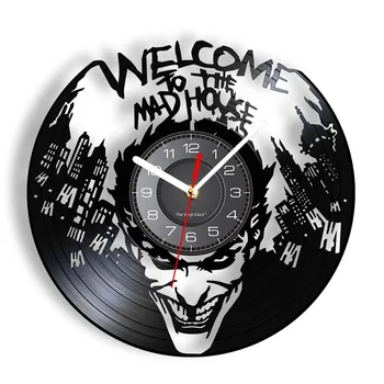 Добро пожаловать в Сумасшедший Дом Настенные часы в винтажном стиле, комиксы, Готэм, ретро Виниловый альбом, часы для записи персонажей фильмов, домашний декор