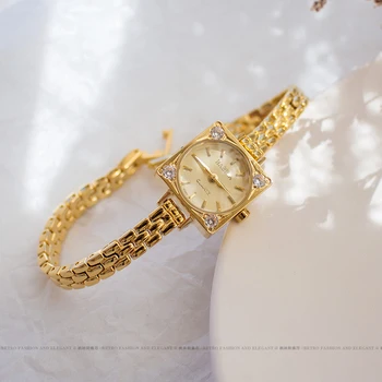 24K золотой духовой оркестр новые японские изысканные женские часы с бриллиантами, кварцевые ретро простые маленькие Квадратные Часы для девочек, роскошные женские часы