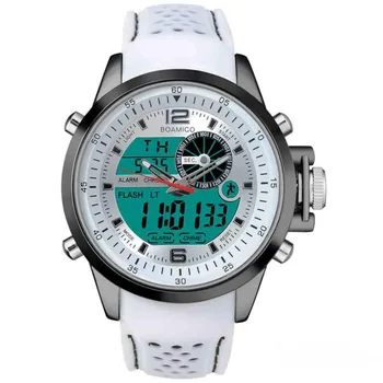 Мужские цифровые аналоговые часы BOAMIGO, кварцевые часы Waterpoof, резиновые ремешки, мужские часы со светодиодной подсветкой для плавания