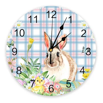 Пасхальный кролик Яйцо Цветок Плед Настенные часы для спальни Большие Современные Кухонные Обеденные Круглые настенные часы Часы для гостиной Домашний декор