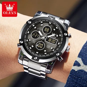 OLEVS 1106 Многофункциональные водонепроницаемые мужские часы с ремешком из нержавеющей стали Спортивные цифровые мужские наручные часы со светящейся сигнализацией