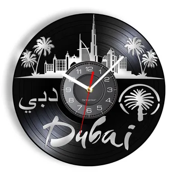 Современные настенные часы Dubai Landmark Isle of Palms Burj Al Arab Hotel Landscape Виниловая пластинка Настенные часы Черный Подвесной декор