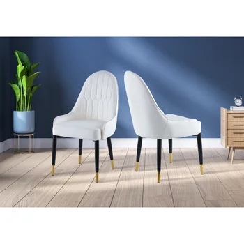 Современный кожаный обеденный стул, состоящий из 2 стульев с акцентом на обивку\  Ножки с черной пластиковой пробкой белого цвета