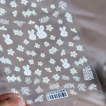 Наклейки для ногтей с кроликом, цветы, 3D Самоклеящиеся слайдеры, наклейки для дизайна ногтей, украшения для маникюра