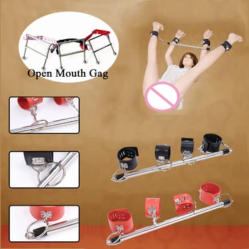 БДСМ Металлическая распорка с наручниками, манжетами на лодыжках, кляпом для открытого рта из нержавеющей стали, Регулируемыми секс-игрушками, замком для связывания женщин-рабынь