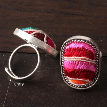 5ШТ Новые кольца с вышивкой в национальном стиле Miao, посеребренные этнические украшения из хлопка, креативная личность, модное красочное кольцо