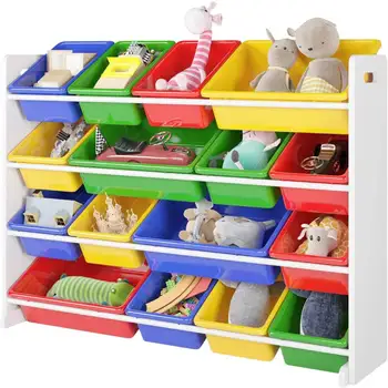 Деревянный органайзер для хранения детских игрушек с 16 пластиковыми ящиками, X-Large, зеленый / синий / красный /желтый