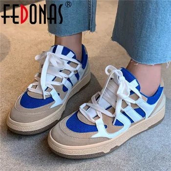 FEDONAS 2023, Женские кроссовки, Весна-лето, уличная повседневная разноцветная обувь из натуральной кожи с перекрестной шнуровкой, Женская обувь на плоской подошве и платформе
