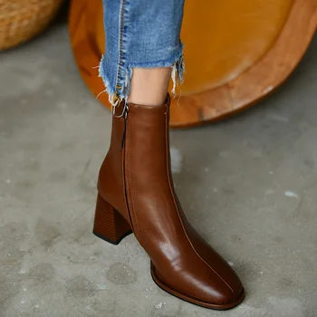 Французский стиль, размер 42, офисные женские повседневные ботильоны, осень-зима, лаконичная базовая обувь из натуральной кожи на толстом высоком каблуке