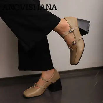 Дизайнерские офисные женские туфли ANOVISHANA с квадратным носком на блочном каблуке 7 см и ремешком с двойной пряжкой, большие размеры 46 47 48, элегантные женские туфли-лодочки, однотонные
