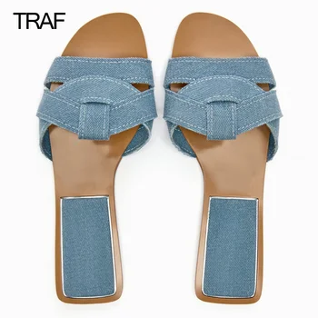 TRAF Лето 2023, Синие джинсовые тапочки Для женщин, сандалии на плоской подошве, Женские повседневные шлепанцы с закругленным носком, женские пляжные тапочки на плоской подошве.