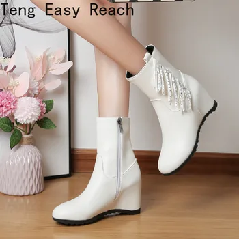 осенние модные белые черные женские сапоги без каблука, увеличивающие рост, женские ботинки с круглым носком на молнии и наклонном каблуке, размер 33-43