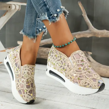 Женская обувь, новинка 2023 года, модная женская вулканизированная обувь без застежки, осенняя обувь из дышащей сетки, женские кроссовки большого размера на платформе