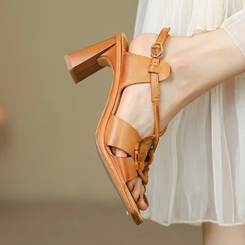 Женские босоножки из коровьей кожи в стиле ретро без застежки, летние босоножки на высоком каблуке 7 см, Женская обувь во французском стиле с открытым носком