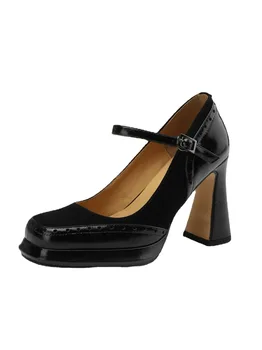 Женские туфли-лодочки на платформе и высоком каблуке в стиле ретро, элегантный ремешок на щиколотке, квадратный носок, обувь Мэри Джейн на толстом каблуке, женские броги, коричнево-черные туфли на каблуках