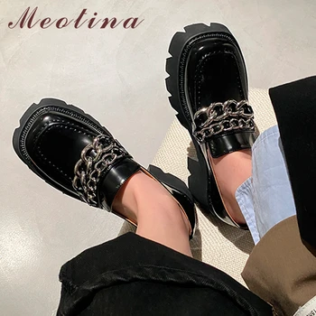 Meotina/ женские лоферы из натуральной кожи; туфли-лодочки на платформе и блочном каблуке; женская обувь на высоком каблуке с цепочкой; сезон весна-осень;