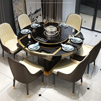 Современный Складной с индукционной плитой Обеденный круглый стол Стулья для столовой с поворотным столом Ресторан Квартира