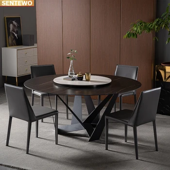 Дизайнерская роскошная круглая столовая с мраморной плитой, обеденный стол с 4 стульями, мебель mesa de comedor, Нержавеющая сталь, золотое основание