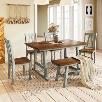 обеденный стол из цельного дерева из 6 предметов серого цвета, кухонный обеденный стол со скамейкой и 4 обеденными стульями, фермерский стиль, орех