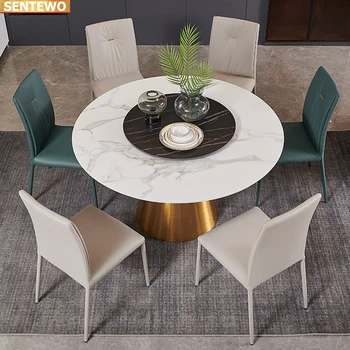 Роскошный дизайнерский обеденный стол для круглого стола из мраморной плиты, 6 стульев, мебель mesa eettafel, мрамор, нержавеющая сталь, золотая основа