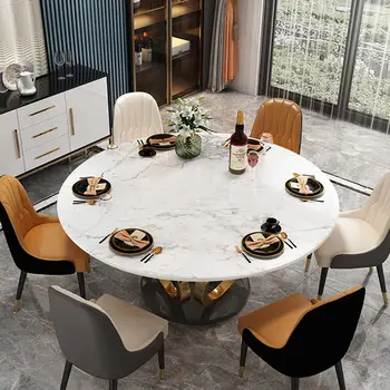современный белый круглый обеденный стол диаметром 1350 мм с золотой столешницей из искусственного мрамора и черной подставкой